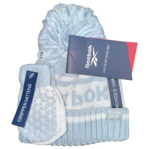 Reebok Infant Baby 6-12 Months Blue Knit Cuffed Beanie & Gripper Mittens New